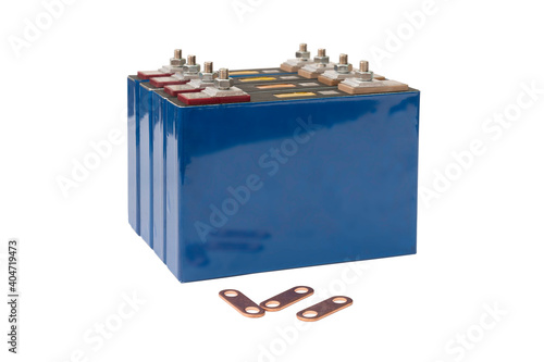 A pack of Lithium Phosphate Lifepo 4 cells battery with a terminal up and bus bar ready to connect isolate on white background with clipping path. photo