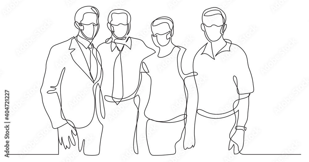 continuous line drawing of business team wearing face masks