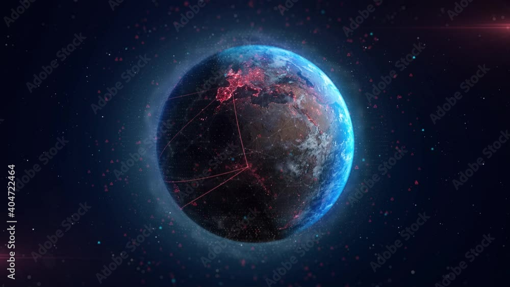 Connections Ai Network on Red Line 3d Earth Animation Background. Virus Attack Warning in Digital World. Concept Global Spread of Epidemic Infected or Hacking. Humanity Connections Security Blockchain