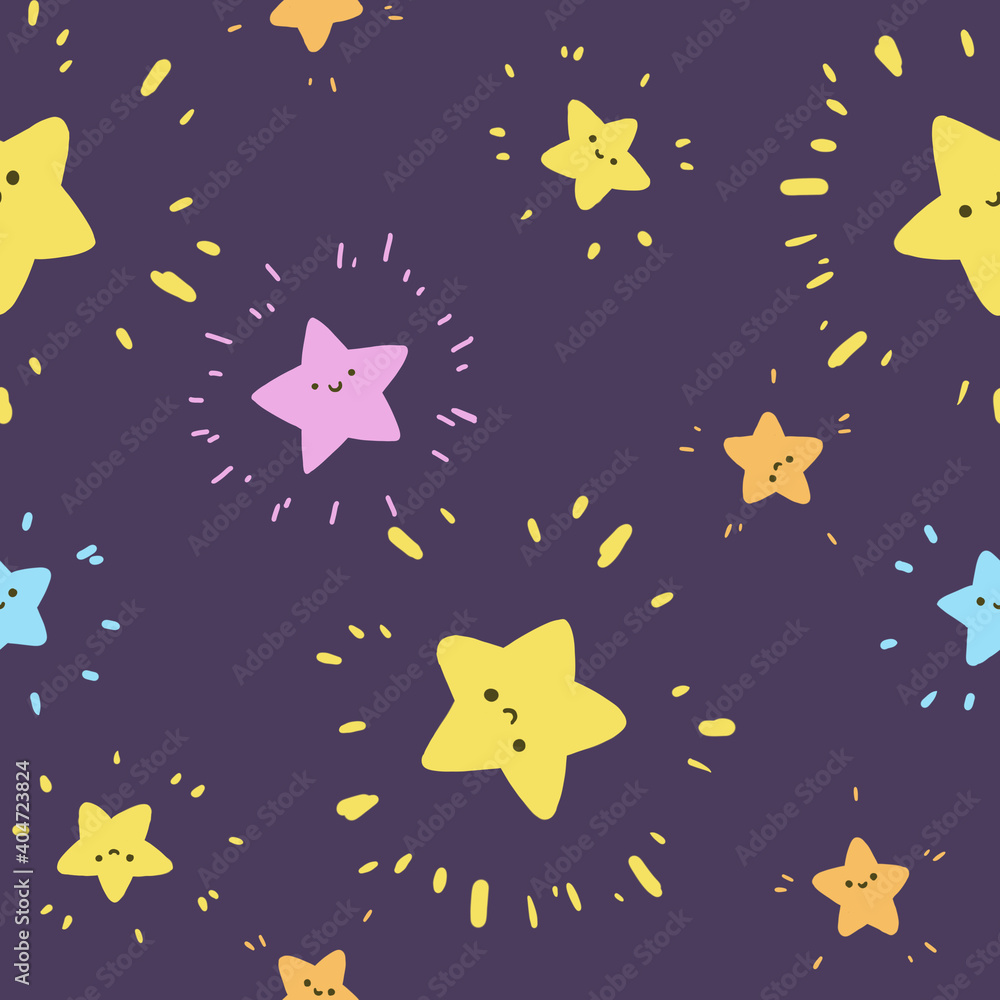 a cute little stars pattern. doodle cartoon on purple background. Designed for gift wrapping paper, cloth pattern suitable for children.