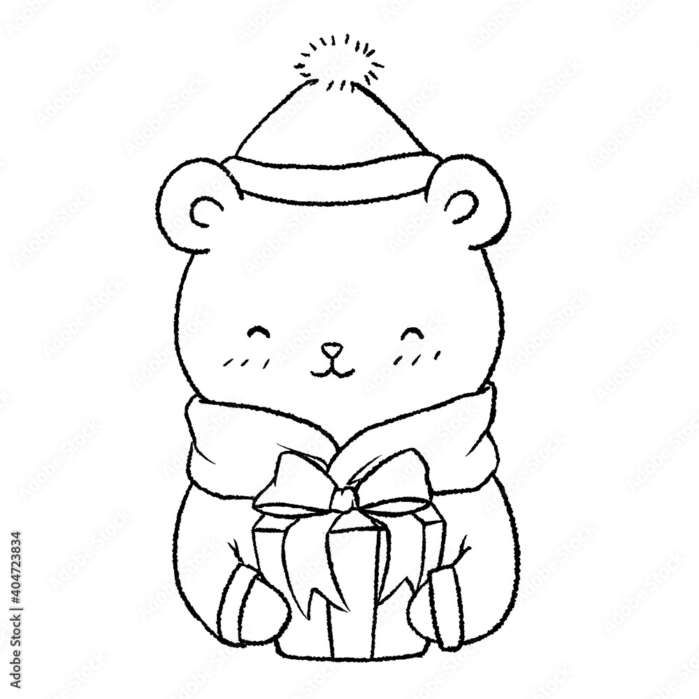 Bear in a hat holds a gift box in hand. Cartoon style half body. Line art for coloring