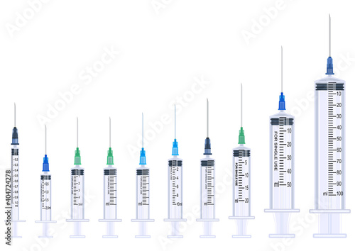 Disposable syringes 1-100 ml, set. Realistic image. Vector illustration.