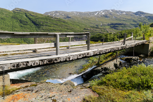 Rustic signs and bridges in the mountains of Myrdal Norway