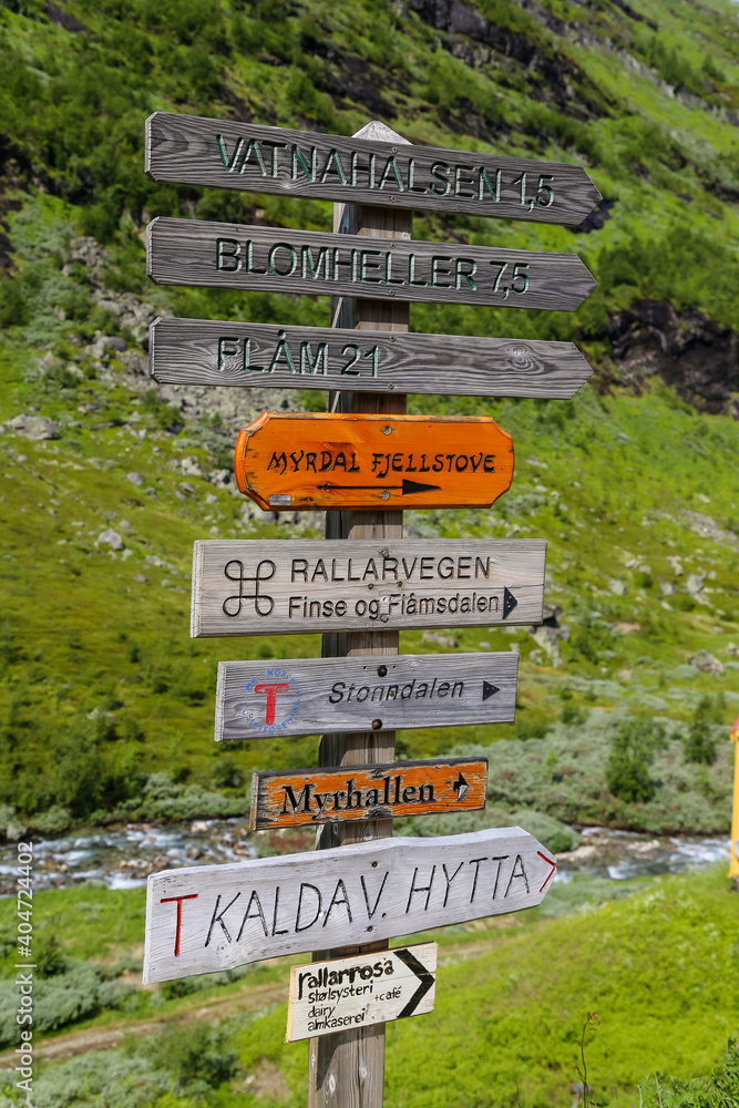 Rustic signs and bridges in the mountains of Myrdal Norway