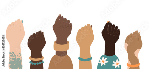 vector banner on the theme of the feminist movement. female hands of different races, clenched into fists. fight for women's rights. International Women's Day. trending flat illustration for websites,