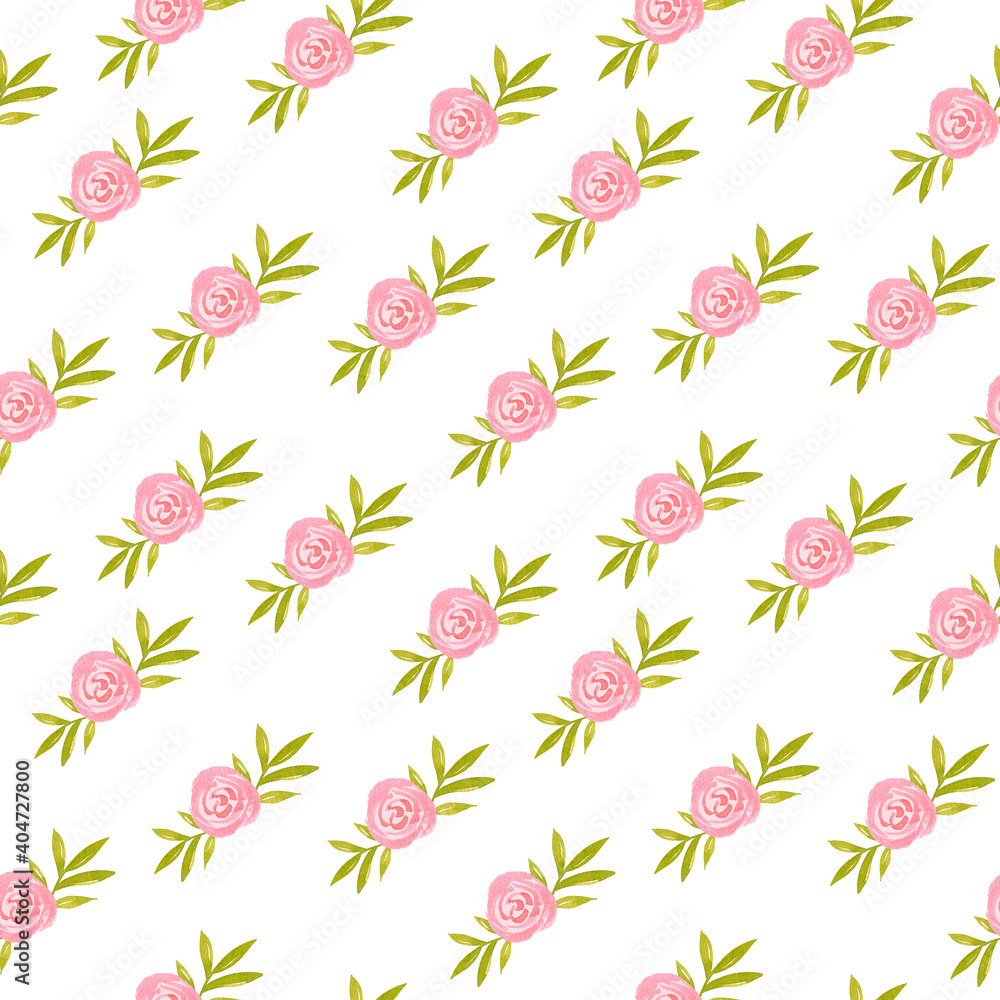 Watercolor seamless pattern with pink flowers and green leaves. Hand drawn spring floral background for Easter greeting card, invitation.