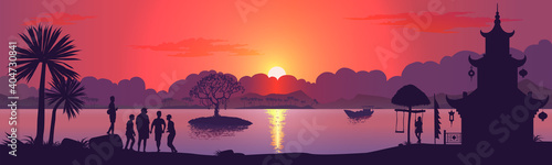 A group of tourists is resting on the seashore. Red sunset. Vector illustration.