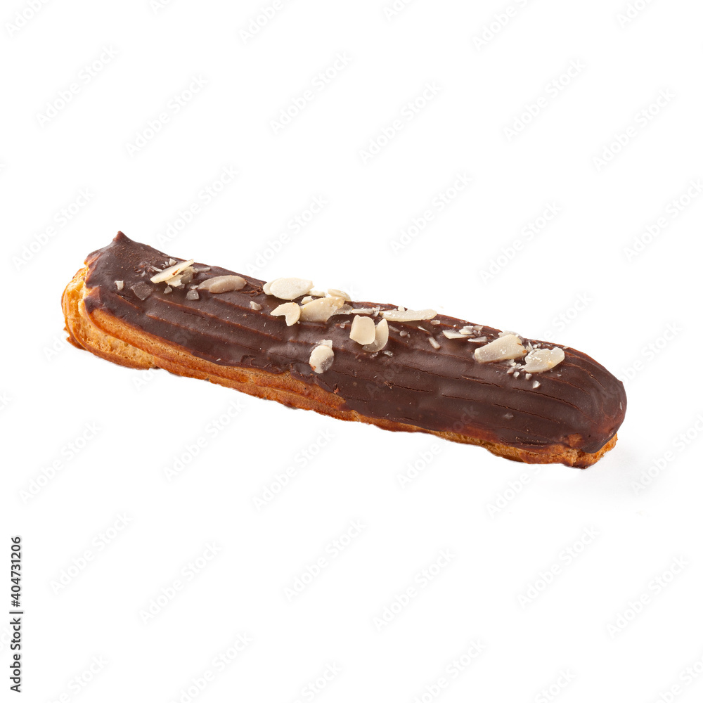 Isolated chocolate eclair brewing cake on the white background Isolated chocolate eclair brewing cake on the white background