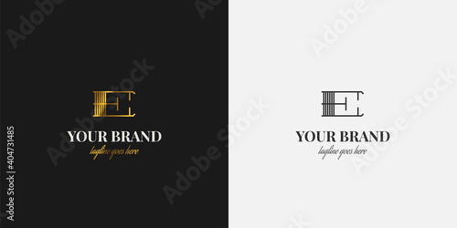 Business corporate letter E logo design template. Initial e letter logo with line concept in golden gradient