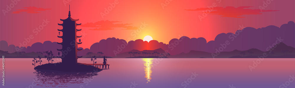 Naklejka premium Tower silhouette with sunset. Realistic vector illustration background.