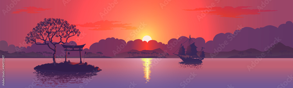 Obraz premium Sunset with the silhouette of the Chinese arch. Realistic vector illustration background.
