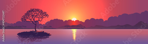 Sunset with a lone tree on the island. Realistic vector illustration background. 