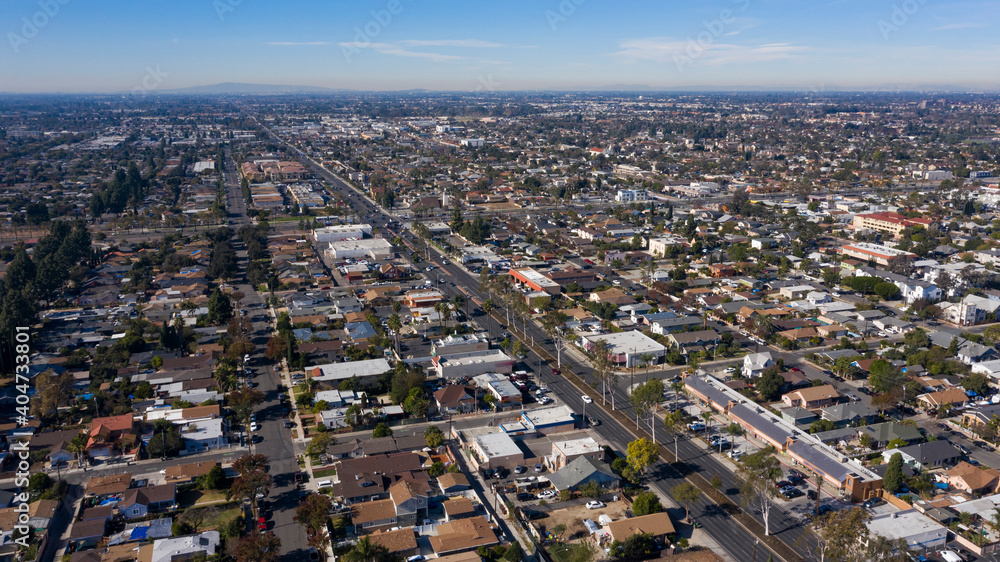 Day time aerial view of a residential area in Santa Ana, California, USA.