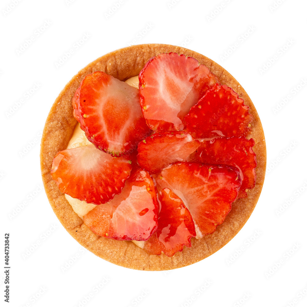 Isolated tartlet with strawberries and cream on the white background Isolated tartlet with strawberries and cream on the white background