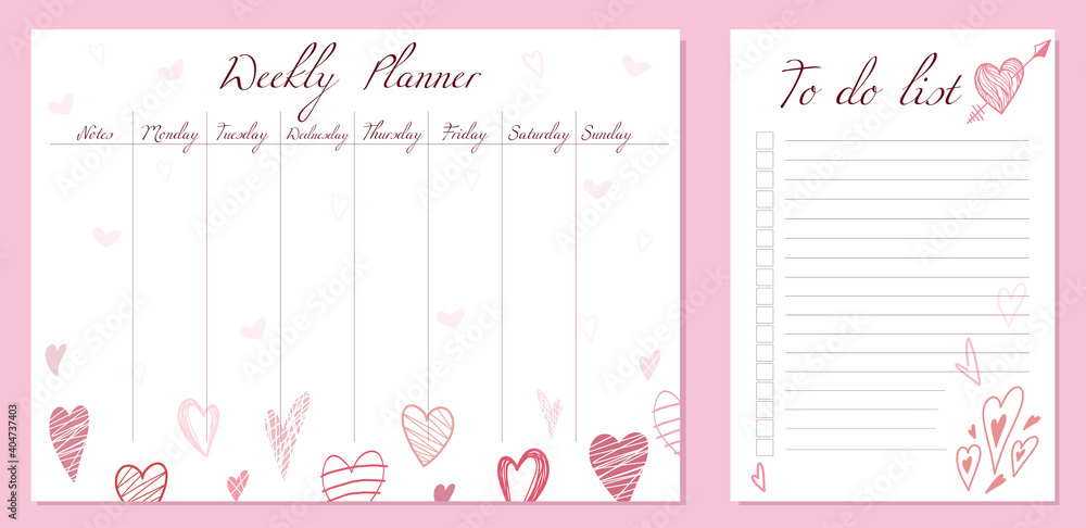 Weekly planner and to do list template. Romantic letterhead with hearts ...