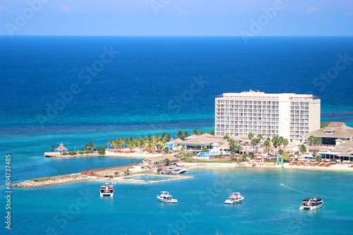 A distant photo of the Ocho Rios Bay in Jamaica.