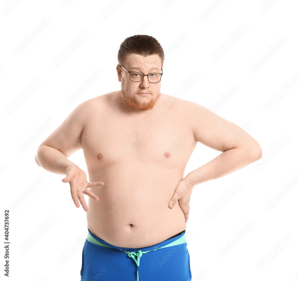 Confused overweight man on white background. Weight loss concept Confused overweight man on white background. Weight loss concept