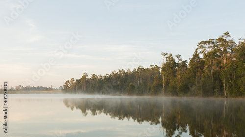 Beautiful nature and fog on the reservoir in Khao Yai National Park Thailand