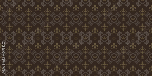 Dark background pattern in vintage style, golden shades on a black background. Seamless wallpaper texture