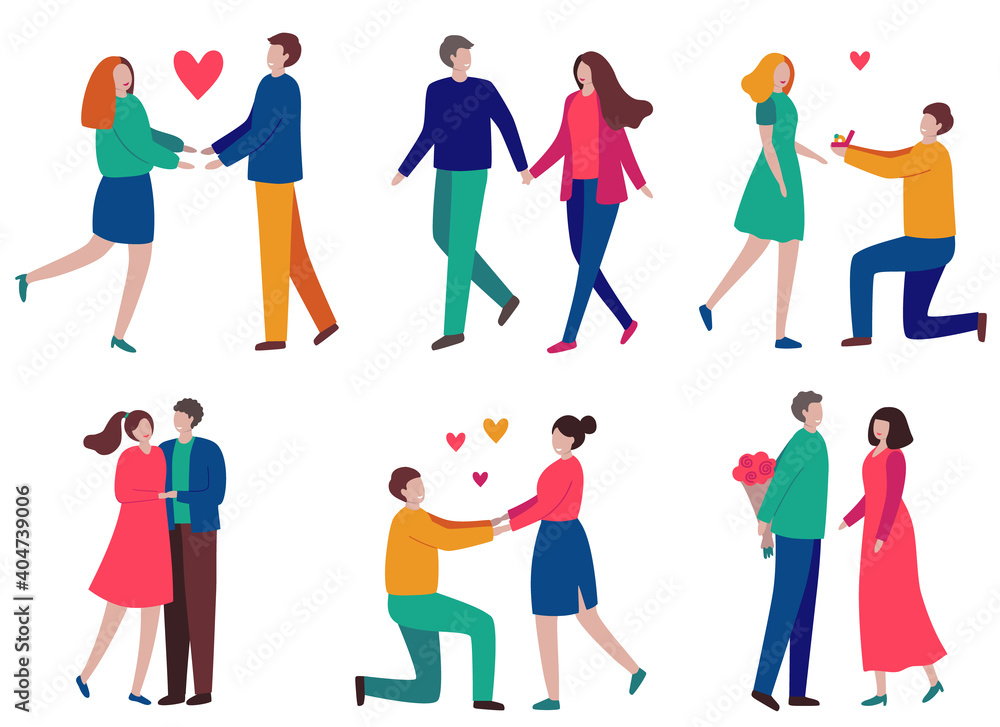 Vector set of happy cartoon couples in love. Lovers woman and man together, love and relationship. Couple is walking hugging. A man gives flowers, a ring, a heart. Flat isolated characters collection.