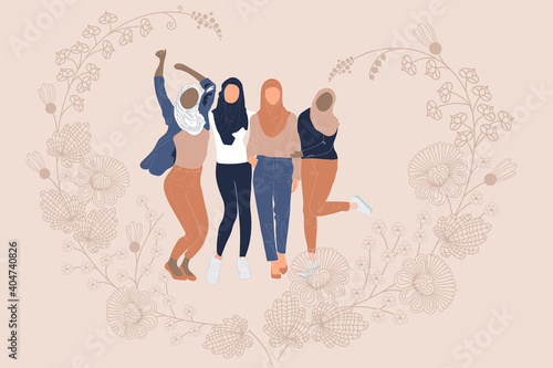 Four Female Hijab Sister Hugging Together. Arabian Muslim women's on the beige flowers background. Happy Sister or Sibling Day, World hijab day, Emirati Women's day.