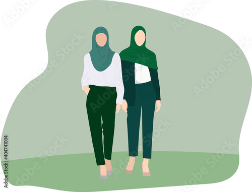 Muslim women in hijabs and office clothes outdoors . Hijab fashion illustration. Emirati Women's day, hijab day, greeting card, poster.