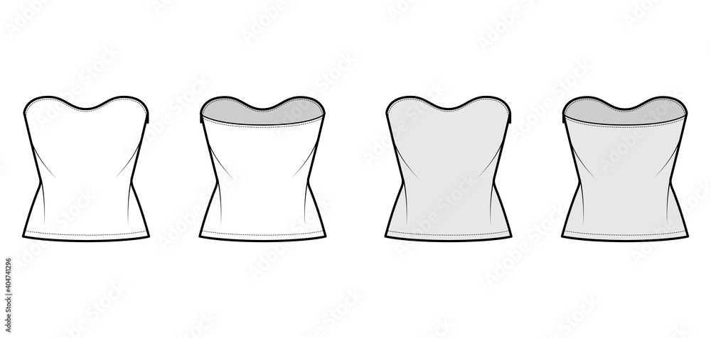 Top crop strapless scoop neckline technical fashion illustration with slim fit, waist length. Flat apparel shirt outwear template front, back, white, grey color. Women men unisex CAD mockup Top crop strapless scoop neckline technical fashion illustration with slim fit, waist length. Flat apparel shirt outwear template front, back, white, grey color. Women men unisex CAD mockup