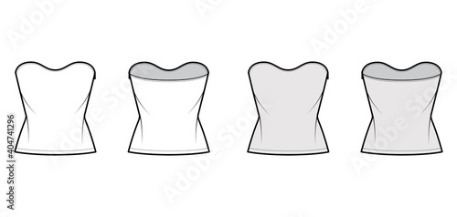 Top crop strapless scoop neckline technical fashion illustration with slim fit, waist length. Flat apparel shirt outwear template front, back, white, grey color. Women men unisex CAD mockup