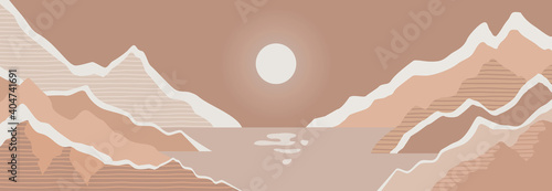 Mountain and river landscape drawing in pastel colors,  abstract wide natural illustration