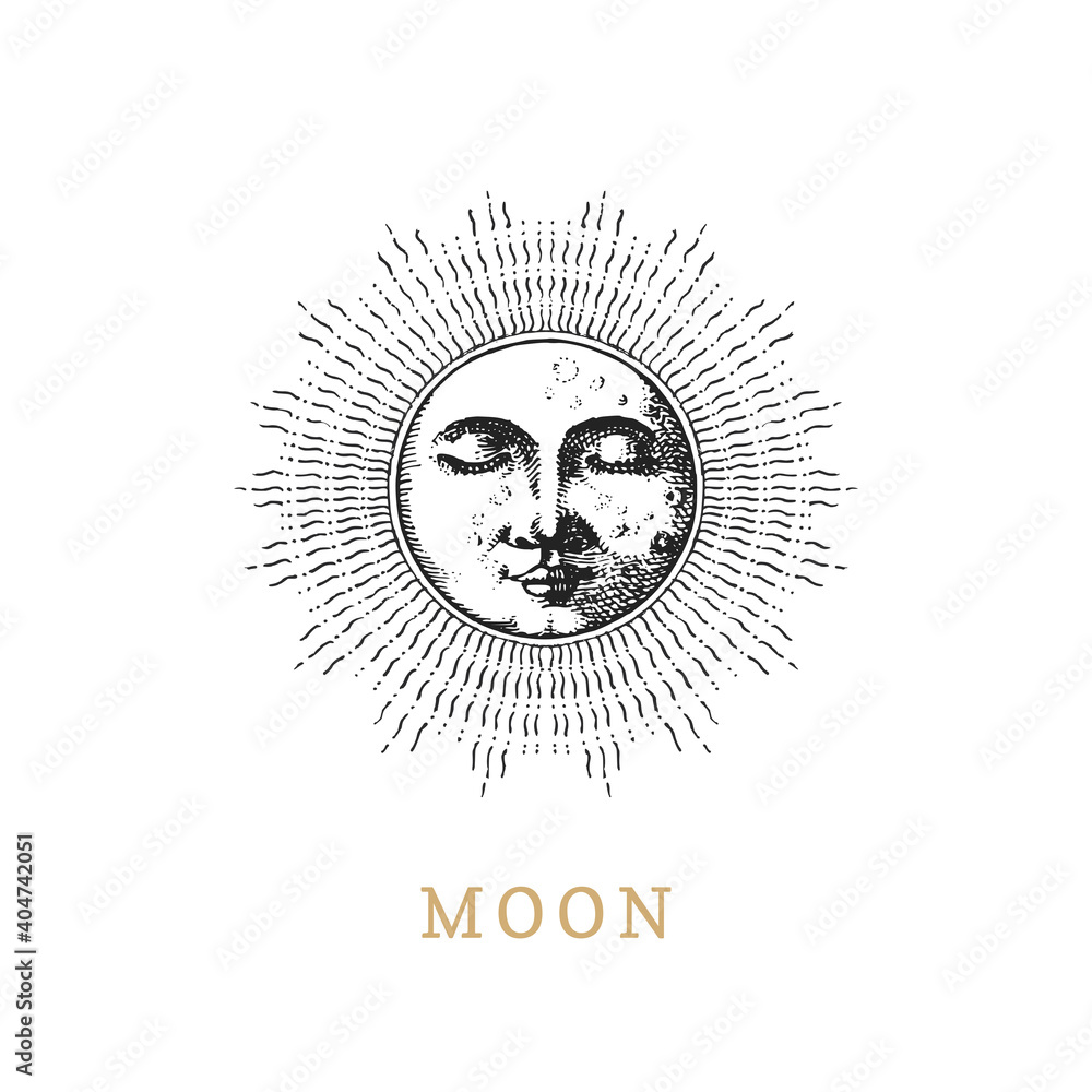 Moon, vector drawn illustration in engraving style Stock Vector | Adobe ...