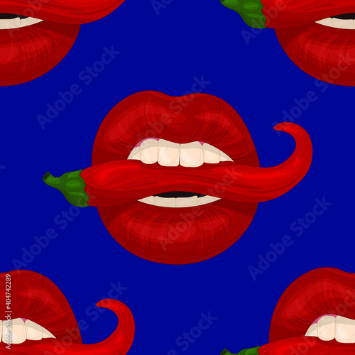 Realistic colorful lips and red hot pepper seamless pattern template. Cartoon vector illustration in bright red colors for games, background, pattern, wallpaper, decor. Print for fabrics 