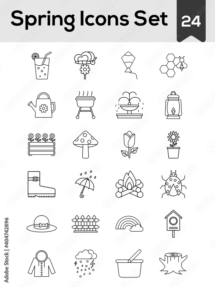 Flat Style Spring Icon Set In Black Line Art. Flat Style Spring Icon Set In Black Line Art.