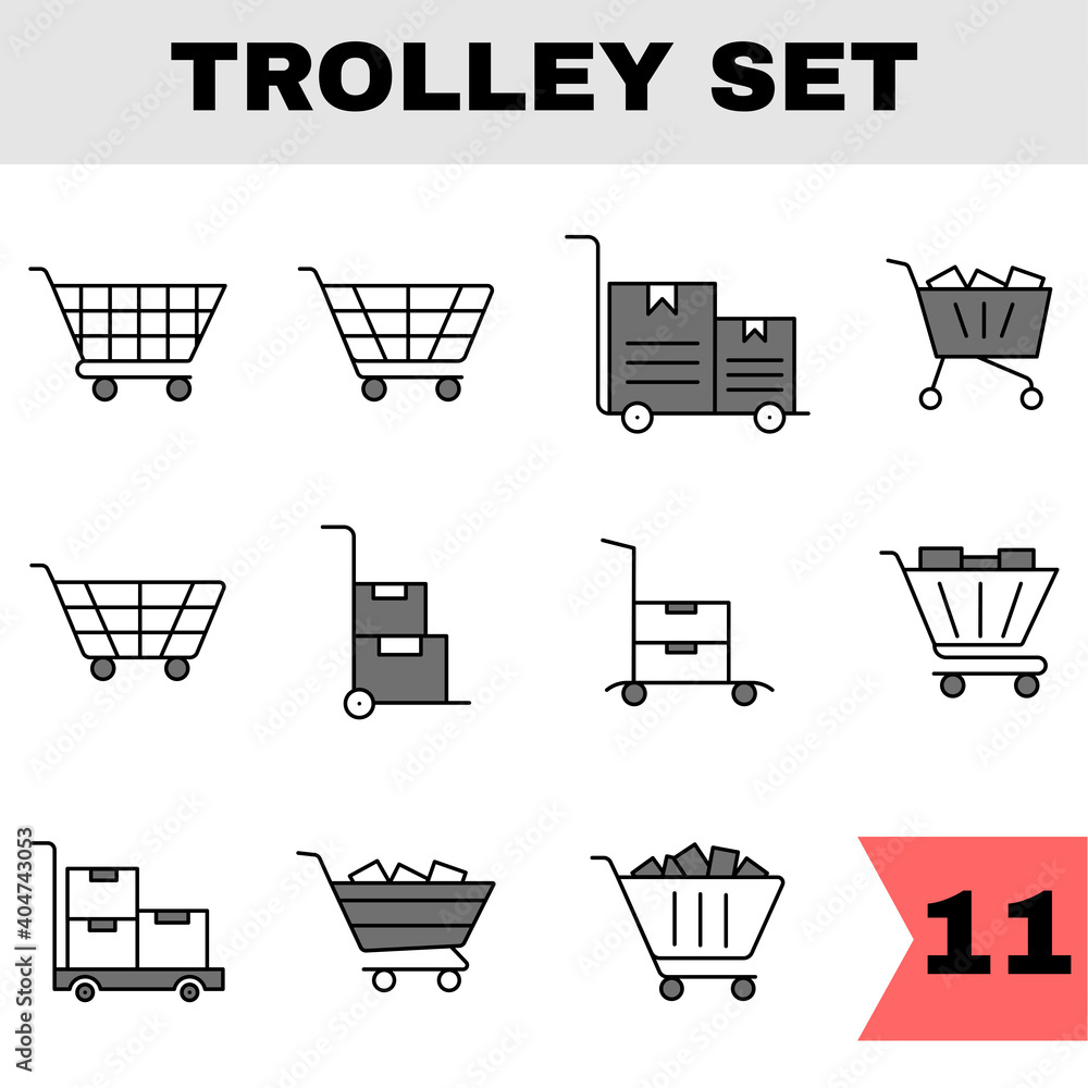 Set Of Shopping Or Push Cart Icon In Grey And White Color. Set Of Shopping Or Push Cart Icon In Grey And White Color.