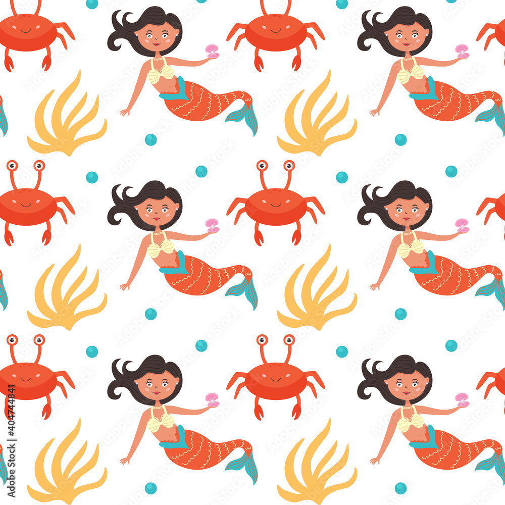 Sea pattern mermaid, crab and seaweed. Marine and ocean seamless pattern for kids.Vector flat modern graphics Sea pattern mermaid, crab and seaweed. Marine and ocean seamless pattern for kids.Vector flat modern graphics