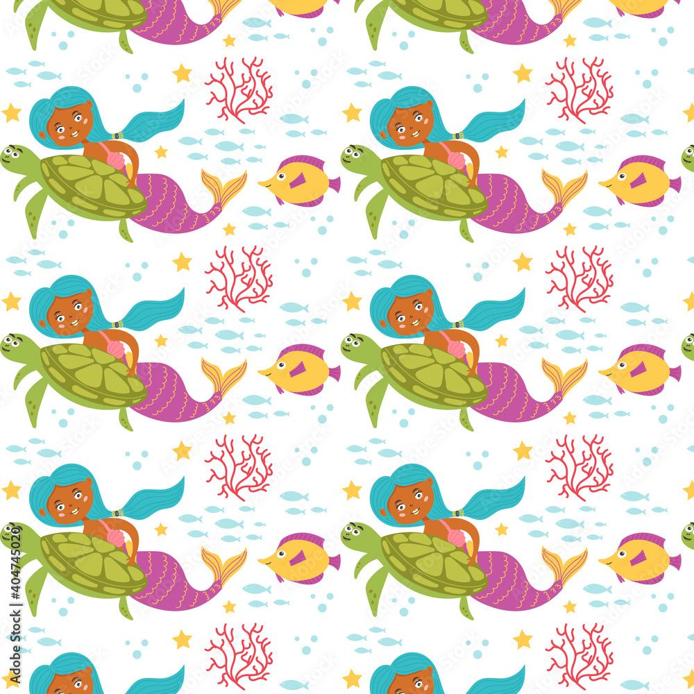Mermaid sea pattern with turtle and fish. Marine and ocean seamless pattern for kids.Vector flat modern graphics