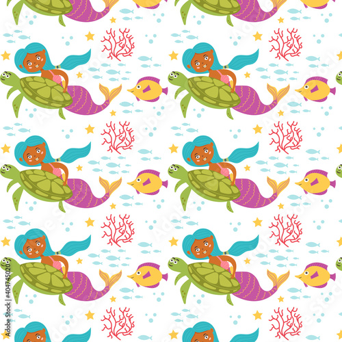 Mermaid sea pattern with turtle and fish. Marine and ocean seamless pattern for kids.Vector flat modern graphics