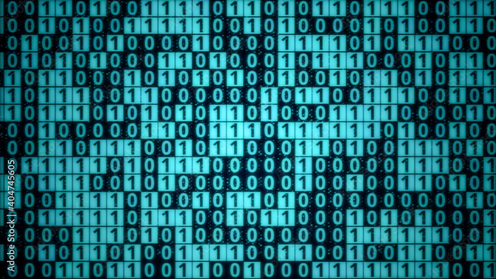 Fototapeta premium Blue digital binary code matrix on computer monitor display screen, pattern of bit data block processing, modern cyber security coding technology concept background