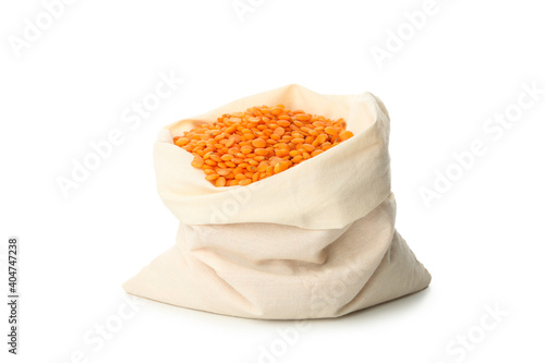 Bag with red legumes isolated on white background photo