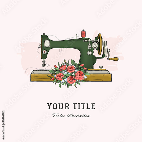Hand drawn illustration of sewing machine and flowers