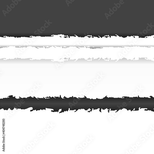 Fototapeta Naklejka Na Ścianę i Meble -  Pieces of torn black gray and white paper with soft shadow on white background. Ripped pieces of horizontal paper. Jpeg illustration