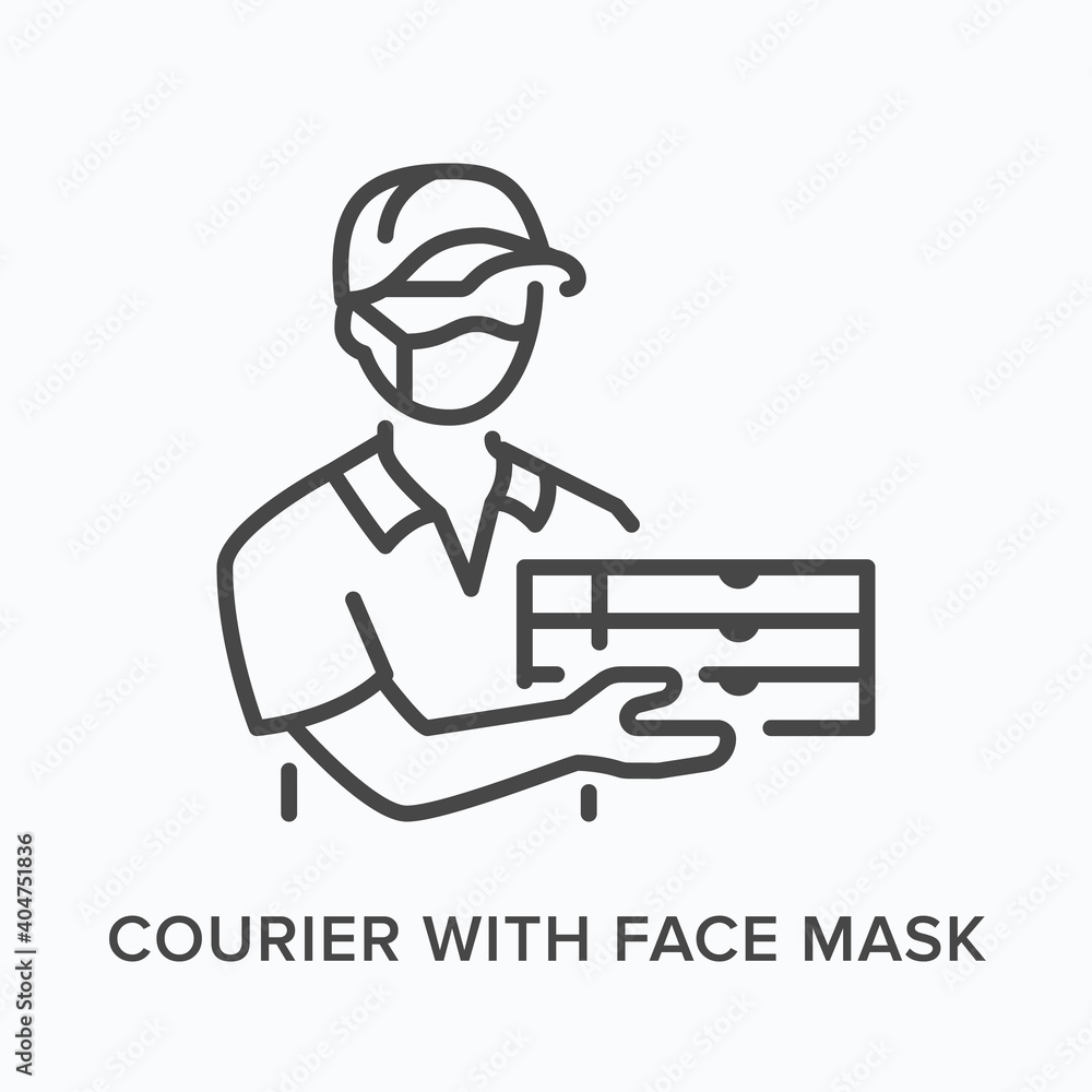 Courier with face mask flat line icon. Vector outline illustration of delivery person. Black thin linear pictogram for pizza boy in hat