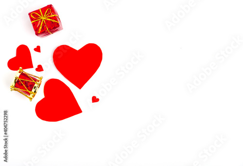 Red Gift Box,drum and paper heart with free space for text on white background