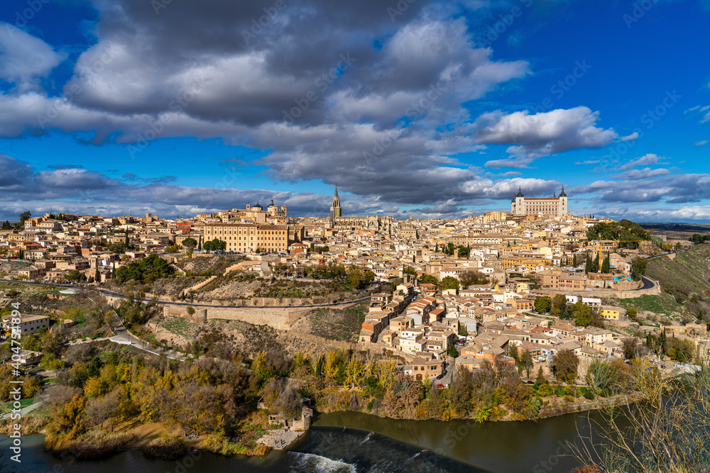 Toledo, Spain. Old city with its Royal Palace over the Tagus River sinuosity