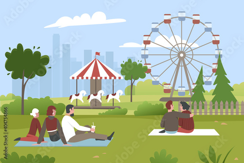 People in amusement park vector illustration. Cartoon young man woman characters sitting on green grass in summer park with carnival fair, ferris wheel, roundabout, lunapark entertainment background photo