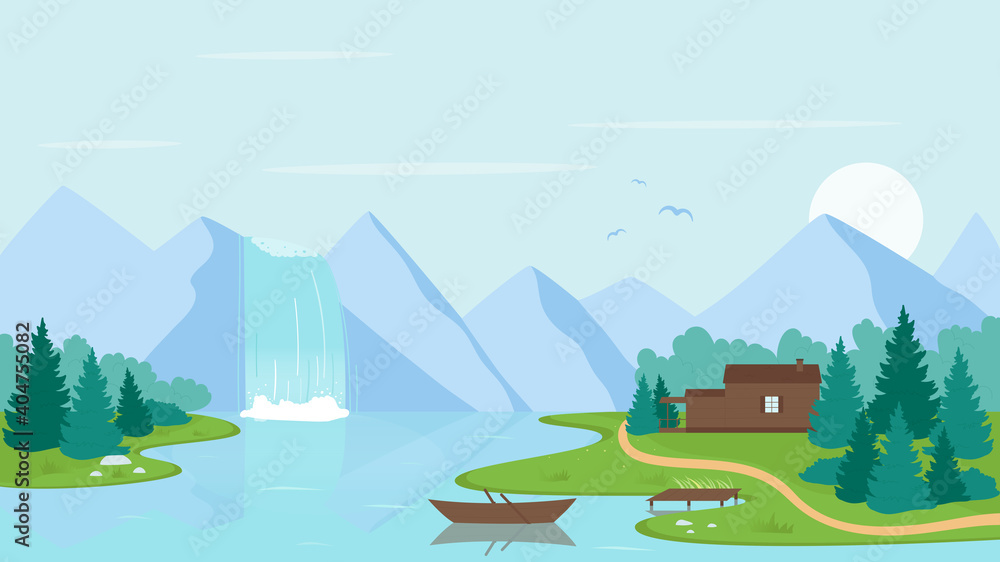Waterfall river landscape vector illustration. Cartoon wild land nature scenery with stream of water falling from mountain into river or lake, boat and house on shore. Ecotourism concept background