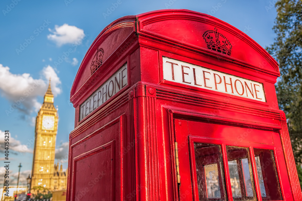 Big Ben with red phone booth in London, England, UK Big Ben with red phone booth in London, England, UK