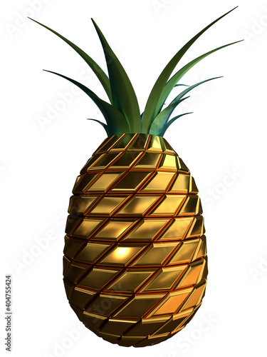 3D illustration of golden pineapple, isolated on white background.