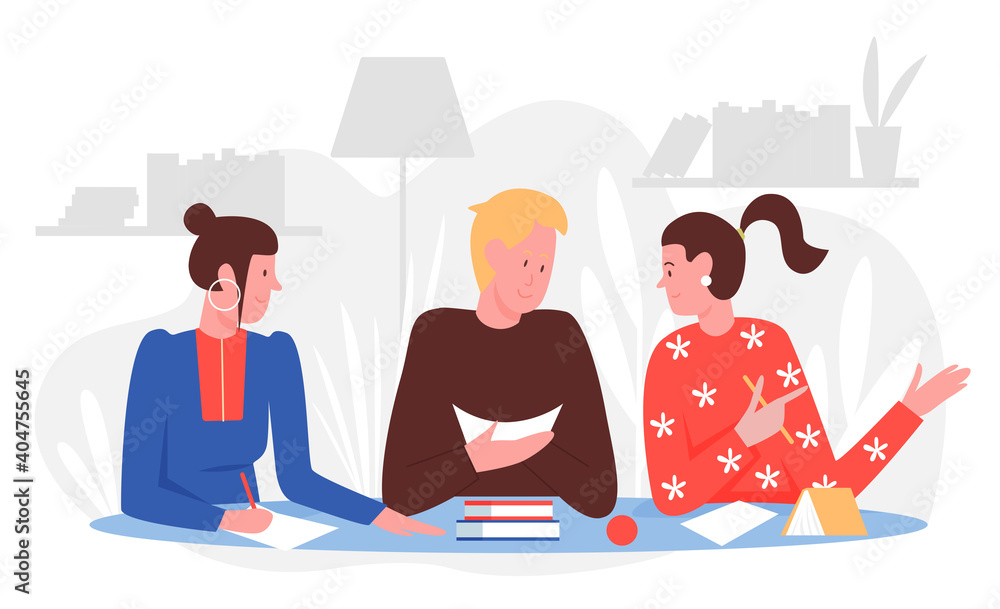 People students study with friends at home vector illustration. Cartoon  young man sitting at table with books or textbooks, studying and talking  with girls, doing homework together background Stock Vector | Adobe