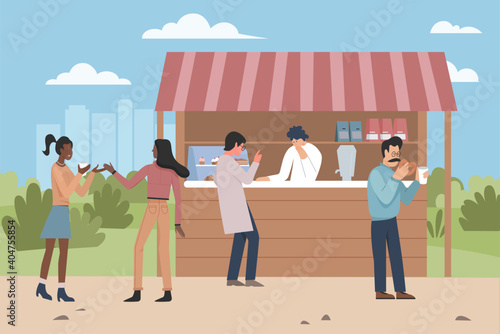 People eat food from street market stall of pastry shop vector illustration. Cartoon man woman characters eating desserts food and drinking hot drinks, confectionery marketplace kiosk background