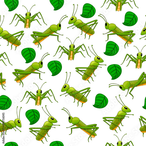 Grasshopper, seamless cartoon vector pattern.
